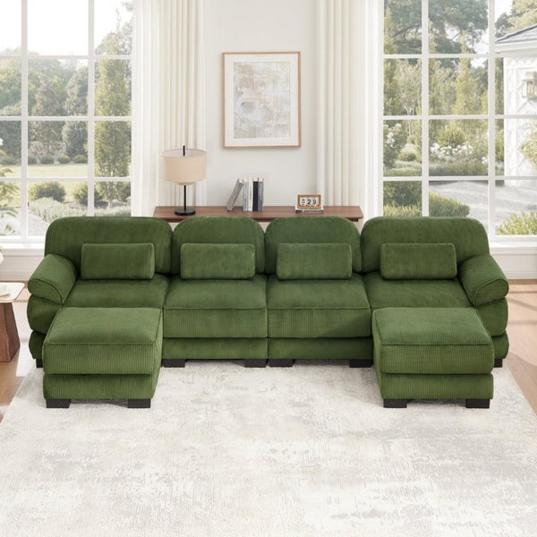 English Elm Cloud Modular U-Shaped Sectional with Ottomans Corduroy Upholstery for Living Room Green W714S01997