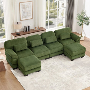 English Elm Cloud Modular U-Shaped Sectional with Ottomans Corduroy Upholstery for Living Room Green W714S01997
