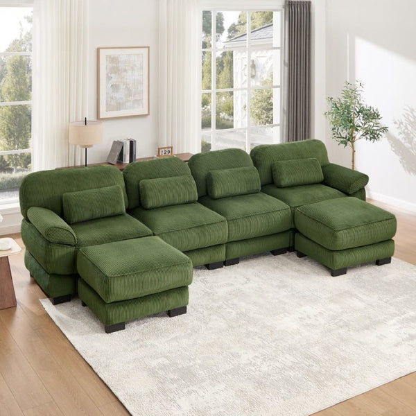English Elm Cloud Modular U-Shaped Sectional with Ottomans Corduroy Upholstery for Living Room Green W714S01997