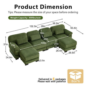 English Elm Cloud Modular U-Shaped Sectional with Ottomans Corduroy Upholstery for Living Room Green W714S01997