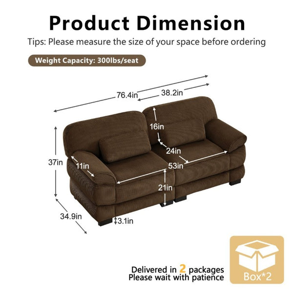 English Elm Cloud Couch Modular Corduroy Loveseat with Memory Foam Cushions for Modern Living Rooms Brown W714S01998