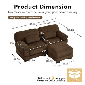 English Elm Cloud Couch Modular L-Shaped Sectional with Ottoman Corduroy Memory Foam Seating Brown W714S01999