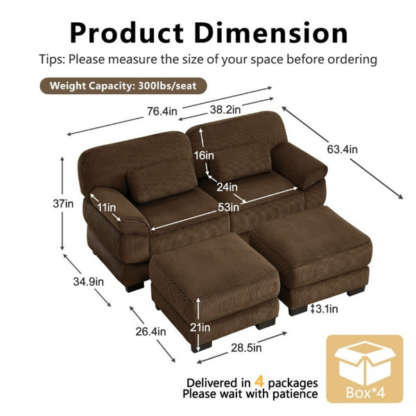 English Elm Cloud Couch Modular U-Shaped Sectional with Memory Foam Corduroy Upholstery for Living Room Brown W714S02000