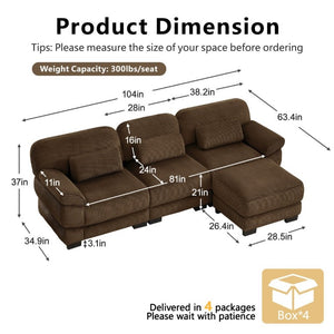 English Elm Cloud Modular L-Shaped Sectional Sofa with Deep Corduroy Cushions for Living Rooms Brown W714S02002