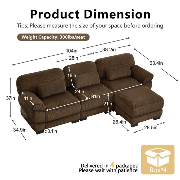 English Elm Cloud Modular L-Shaped Sectional Sofa with Deep Corduroy Cushions for Living Rooms Brown W714S02002