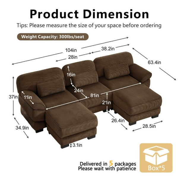 English Elm Cloud Modular U-Shaped Sectional Sofa with Corduroy Upholstery and Memory Foam Cushions Brown W714S02003