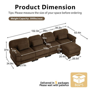 English Elm Cloud Couch Modular Sectional Corduroy Sofa with Deep Memory Foam Seats for Living Rooms Brown W714S02006