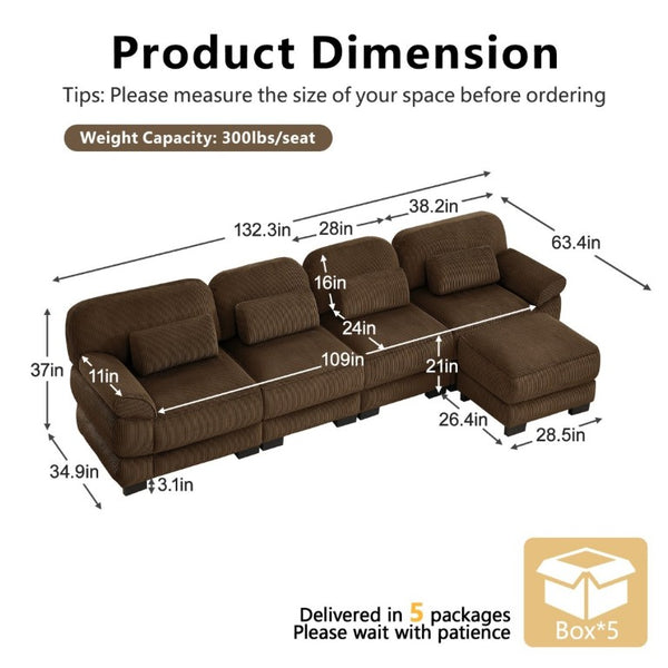 English Elm Cloud Couch Modular Sectional Corduroy Sofa with Deep Memory Foam Seats for Living Rooms Brown W714S02006