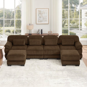 English Elm Cloud Modular U-Shaped Sectional with Ottomans Corduroy Upholstery for Living Room Brown W714S02007