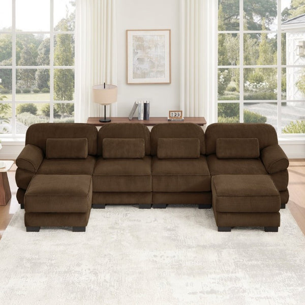 English Elm Cloud Modular U-Shaped Sectional with Ottomans Corduroy Upholstery for Living Room Brown W714S02007