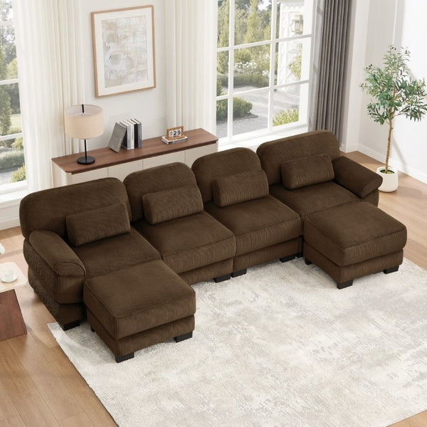 English Elm Cloud Modular U-Shaped Sectional with Ottomans Corduroy Upholstery for Living Room Brown W714S02007