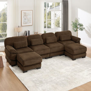 English Elm Cloud Modular U-Shaped Sectional with Ottomans Corduroy Upholstery for Living Room Brown W714S02007