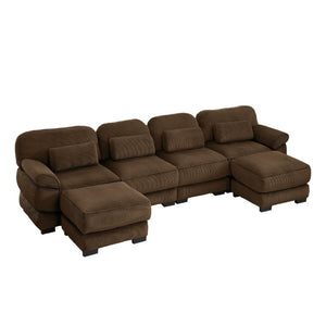 English Elm Cloud Modular U-Shaped Sectional with Ottomans Corduroy Upholstery for Living Room Brown W714S02007