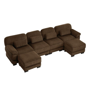 English Elm Cloud Modular U-Shaped Sectional with Ottomans Corduroy Upholstery for Living Room Brown W714S02007
