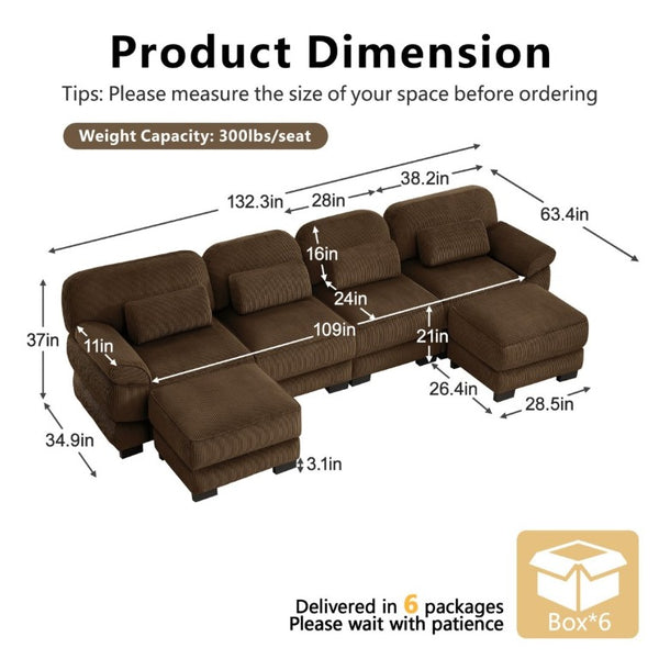 English Elm Cloud Modular U-Shaped Sectional with Ottomans Corduroy Upholstery for Living Room Brown W714S02007
