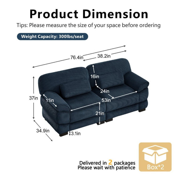 English Elm Cloud Couch Modular Corduroy Loveseat with Memory Foam Cushions for Modern Living Rooms Blue W714S02008