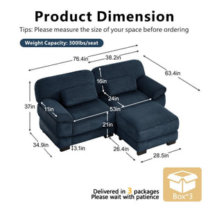 English Elm Cloud Couch Modular L-Shaped Sectional with Ottoman Corduroy Memory Foam Seating Blue W714S02009