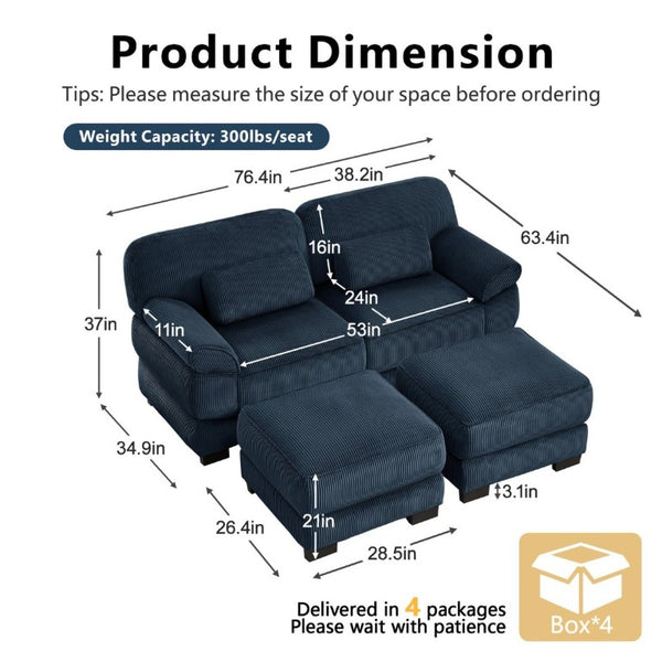 English Elm Cloud Couch Modular U-Shaped Sectional with Memory Foam Corduroy Upholstery for Living Room Blue W714S02010