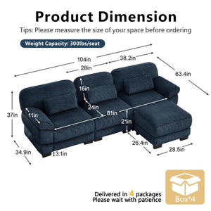 English Elm Cloud Modular L-Shaped Sectional Sofa with Deep Corduroy Cushions for Living Rooms Blue W714S02012