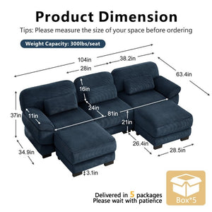 English Elm Cloud Modular U-Shaped Sectional Sofa with Corduroy Upholstery and Memory Foam Cushions Blue W714S02013