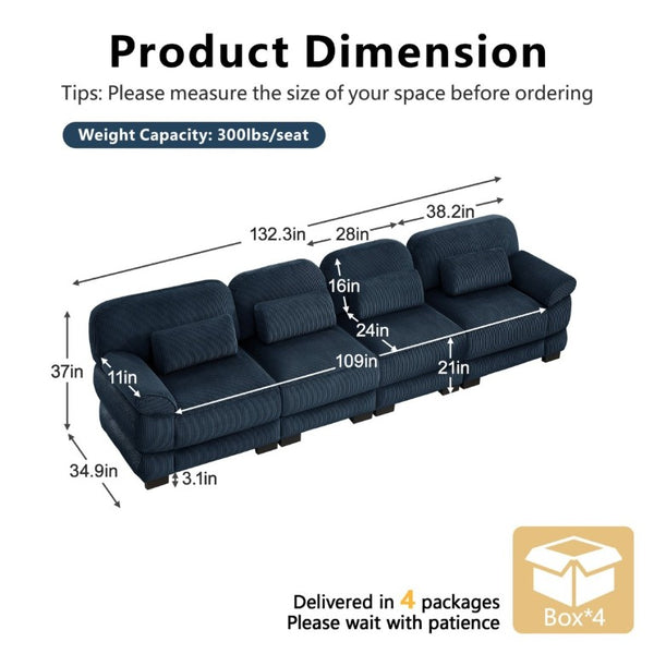 English Elm Cloud Modular Four Seat Sectional Sofa with Corduroy Cushions for Living Room Blue W714S02015