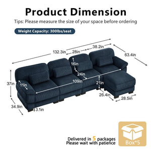 English Elm Cloud Couch Modular Sectional Corduroy Sofa with Deep Memory Foam Seats for Living Rooms Blue W714S02016