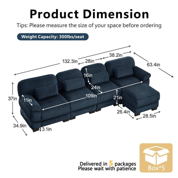 English Elm Cloud Couch Modular Sectional Corduroy Sofa with Deep Memory Foam Seats for Living Rooms Blue W714S02016