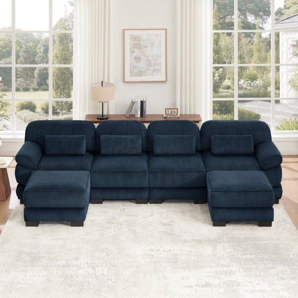 English Elm Cloud Modular U-Shaped Sectional with Ottomans Corduroy Upholstery for Living Room Blue W714S02017