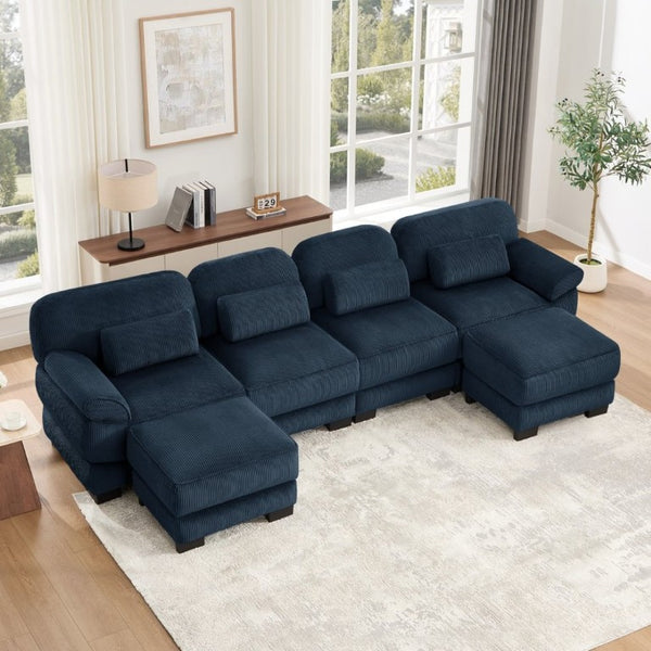 English Elm Cloud Modular U-Shaped Sectional with Ottomans Corduroy Upholstery for Living Room Blue W714S02017