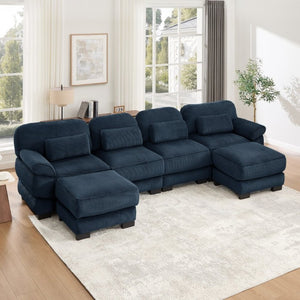English Elm Cloud Modular U-Shaped Sectional with Ottomans Corduroy Upholstery for Living Room Blue W714S02017