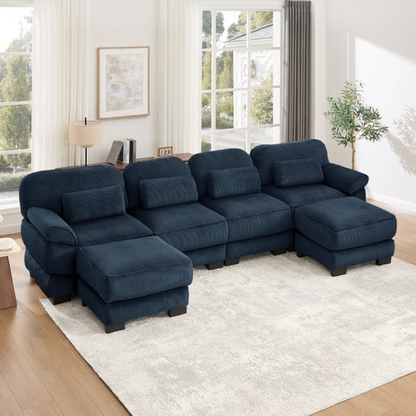 English Elm Cloud Modular U-Shaped Sectional with Ottomans Corduroy Upholstery for Living Room Blue W714S02017