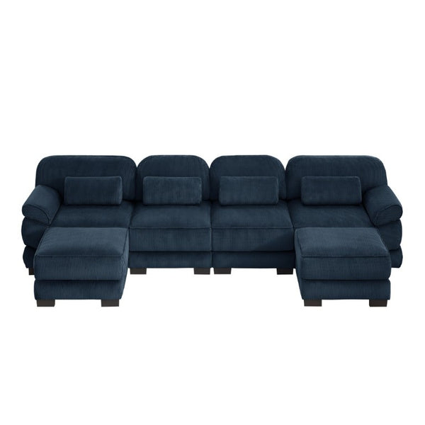English Elm Cloud Modular U-Shaped Sectional with Ottomans Corduroy Upholstery for Living Room Blue W714S02017