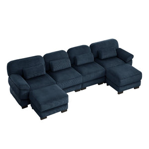 English Elm Cloud Modular U-Shaped Sectional with Ottomans Corduroy Upholstery for Living Room Blue W714S02017