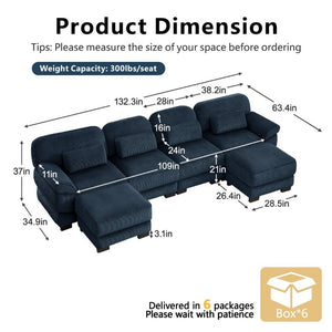 English Elm Cloud Modular U-Shaped Sectional with Ottomans Corduroy Upholstery for Living Room Blue W714S02017