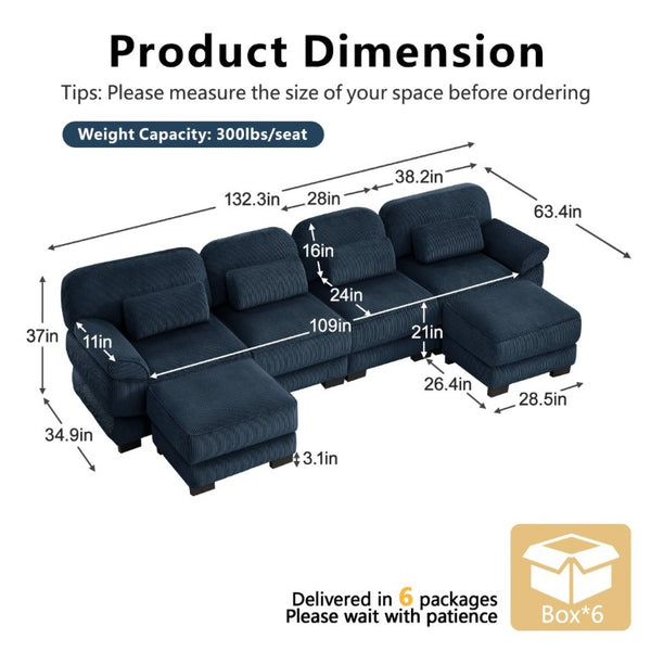 English Elm Cloud Modular U-Shaped Sectional with Ottomans Corduroy Upholstery for Living Room Blue W714S02017