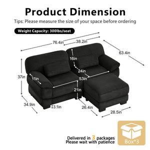 English Elm Cloud Couch Modular L-Shaped Sectional with Ottoman Corduroy Memory Foam Seating Black W714S02019