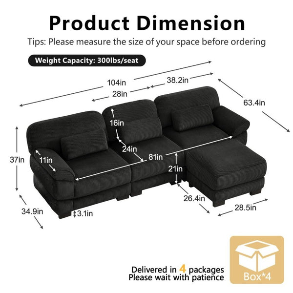 English Elm Cloud Modular L-Shaped Sectional Sofa with Deep Corduroy Cushions for Living Rooms Black W714S02022