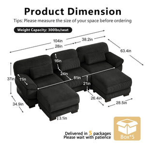 English Elm Cloud Modular U-Shaped Sectional Sofa with Corduroy Upholstery and Memory Foam Cushions Black W714S02023