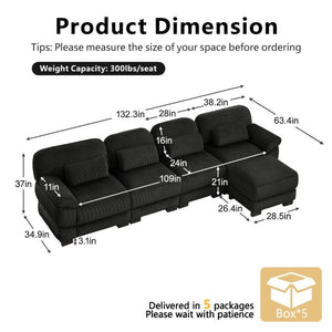 English Elm Cloud Couch Modular Sectional Corduroy Sofa with Deep Memory Foam Seats for Living Rooms Black W714S02026