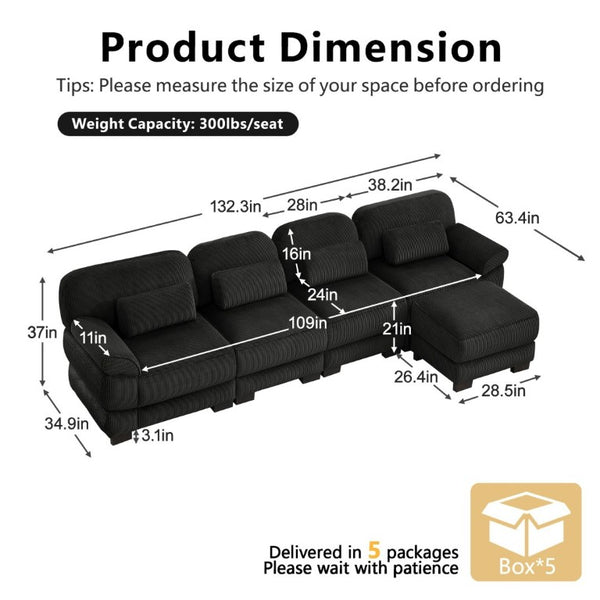 English Elm Cloud Couch Modular Sectional Corduroy Sofa with Deep Memory Foam Seats for Living Rooms Black W714S02026