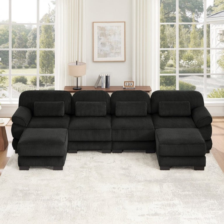 English Elm Cloud Modular U-Shaped Sectional with Ottomans Corduroy Upholstery for Living Room Black W714S02027