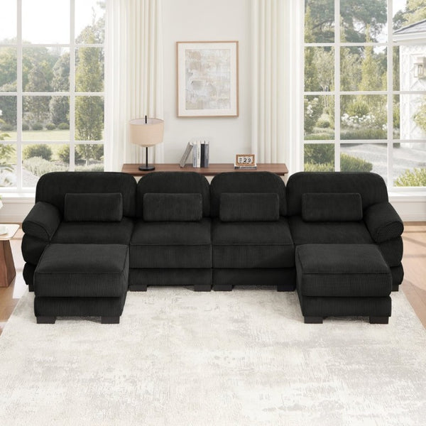 English Elm Cloud Modular U-Shaped Sectional with Ottomans Corduroy Upholstery for Living Room Black W714S02027