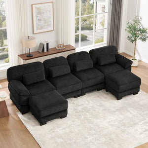 English Elm Cloud Modular U-Shaped Sectional with Ottomans Corduroy Upholstery for Living Room Black W714S02027
