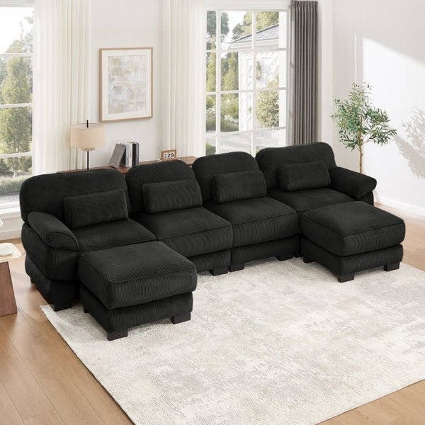 English Elm Cloud Modular U-Shaped Sectional with Ottomans Corduroy Upholstery for Living Room Black W714S02027