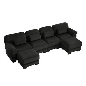 English Elm Cloud Modular U-Shaped Sectional with Ottomans Corduroy Upholstery for Living Room Black W714S02027