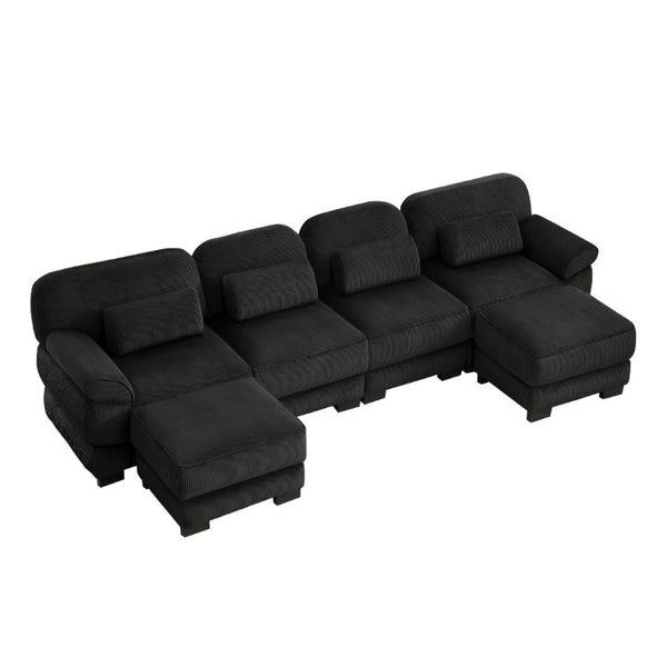 English Elm Cloud Modular U-Shaped Sectional with Ottomans Corduroy Upholstery for Living Room Black W714S02027