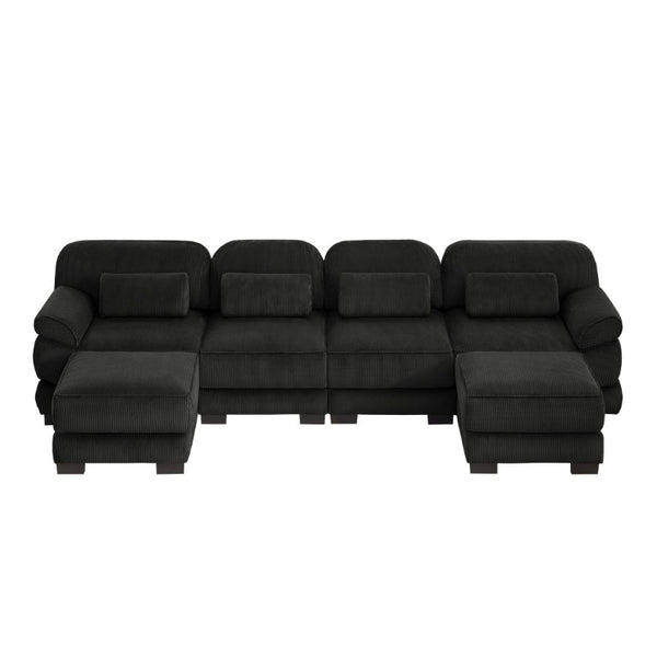 English Elm Cloud Modular U-Shaped Sectional with Ottomans Corduroy Upholstery for Living Room Black W714S02027