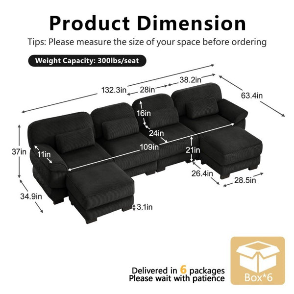English Elm Cloud Modular U-Shaped Sectional with Ottomans Corduroy Upholstery for Living Room Black W714S02027