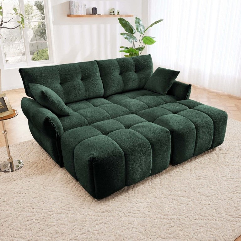 English Elm 2 Seater Chenille Sofa with Ottomans and Pillows Tufted Arms Sage Green Living Room W714S02033