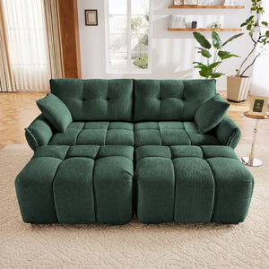 English Elm 2 Seater Chenille Sofa with Ottomans and Pillows Tufted Arms Sage Green Living Room W714S02033